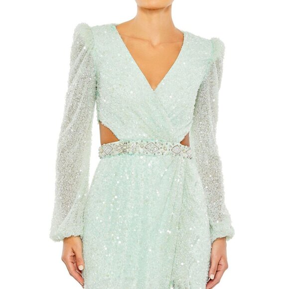 NWT Mac Duggal 5745 Sequined Faux Wrap Cut Out Puff Sleeve Gown Size 4 - Picture 2 of 14